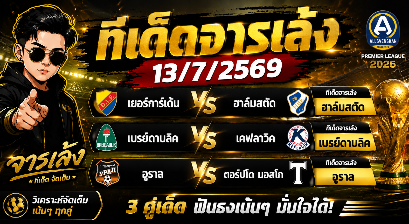 ทีเด็ดจารเล้ง 13/07/2569 ฟันธง 3 คู่เด่น ฮาล์มสตัด, เบรย์ดาบลิค และอูราล