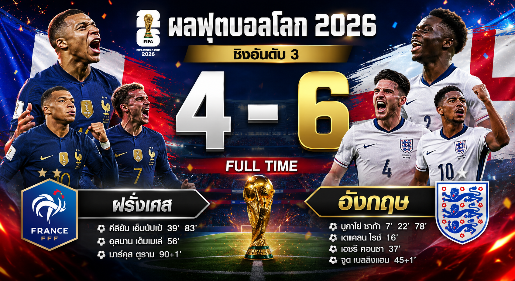ผลบอลฟุตบอลโลก 2026 ชิงอันดับ 3 : อังกฤษ สุดเดือด! ถล่ม ฝรั่งเศส 6-4 คว้าอันดับ 3 โลก