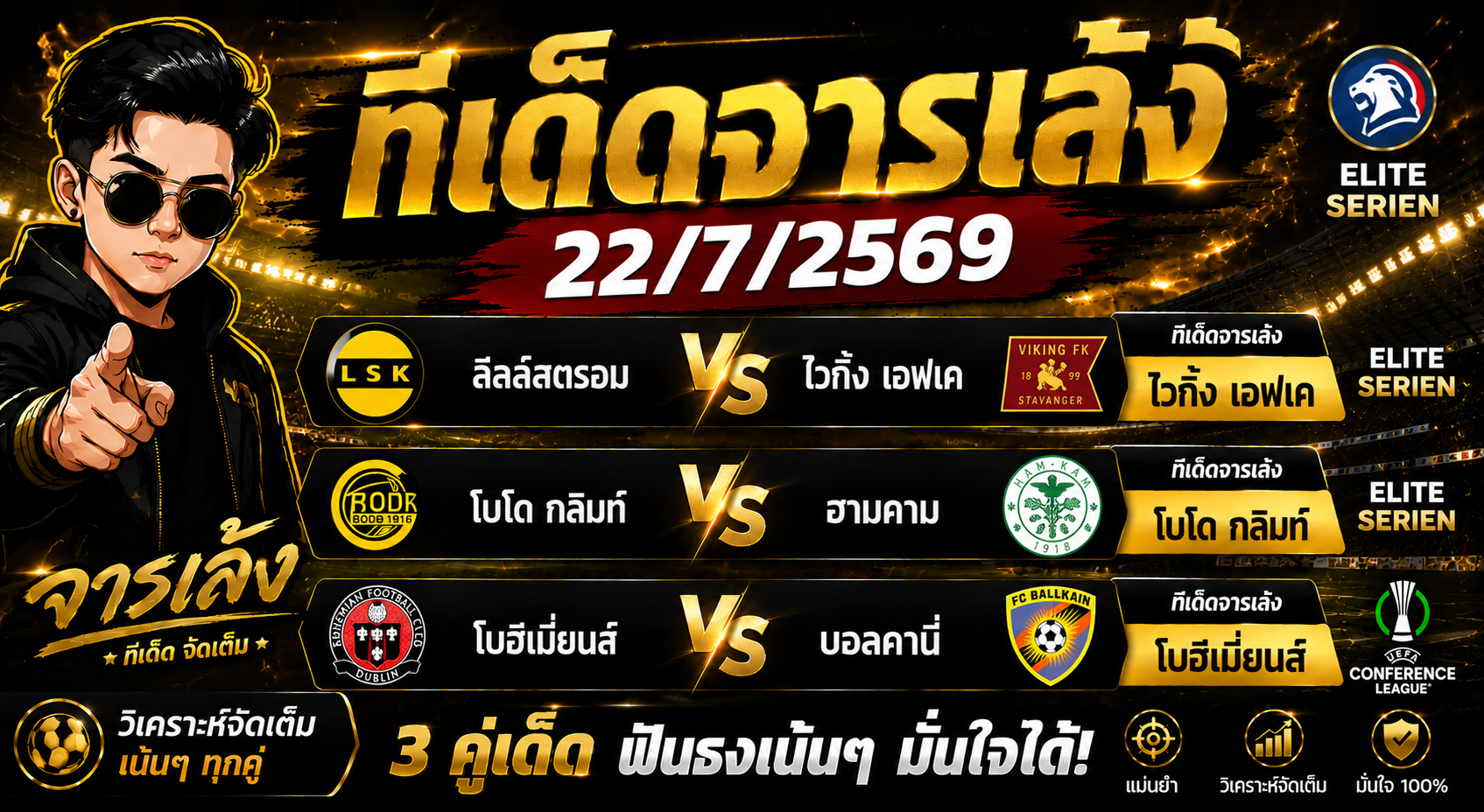 ทีเด็ดจารเล้ง 22/07/2569 ฟันธง 3 คู่เด่น ไวกิ้ง เอฟเค, โบโด กลิมท์ และโบฮีเมี่ยนส์