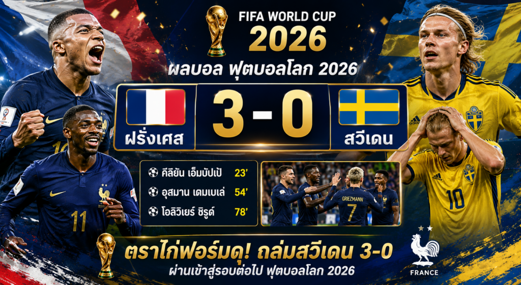 สรุปผลบอล ฝรั่งเศส 3-0 สวีเดน ฟุตบอลโลก 2026 : ตราไก่ฟอร์มดุ ลิ่วรอบต่อไป