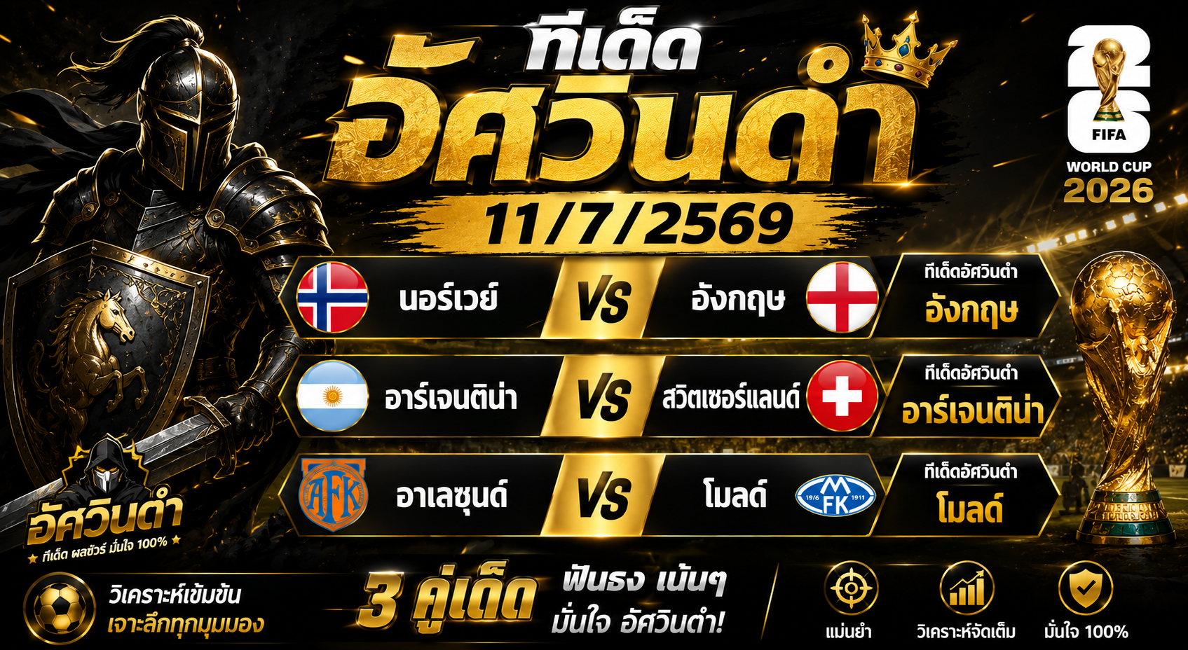 ทีเด็ดอัศวินดำ 11/07/2569 ฟันธง 3 คู่เด่น อังกฤษ, อาร์เจนติน่า และโมลด์