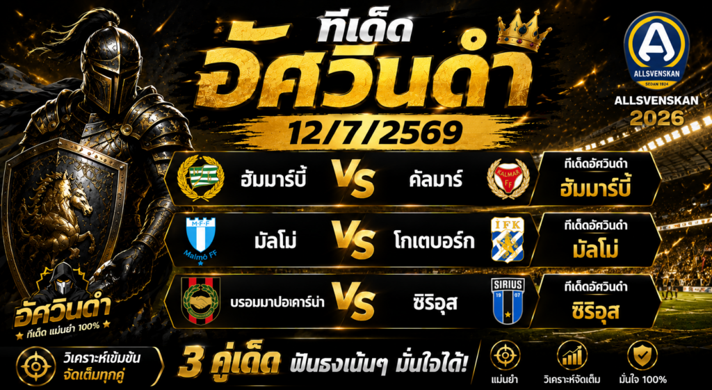 ทีเด็ดอัศวินดำ 12/07/2569 ฟันธง 3 คู่เด่น ฮัมมาร์บี้, มัลโม่ และซิริอุส