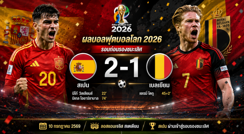 ผลบอล สเปน 2-1 เบลเยียม : กระทิงดุเฉือนปีศาจแดง ลิ่วตัดเชือกฟุตบอลโลก 2026