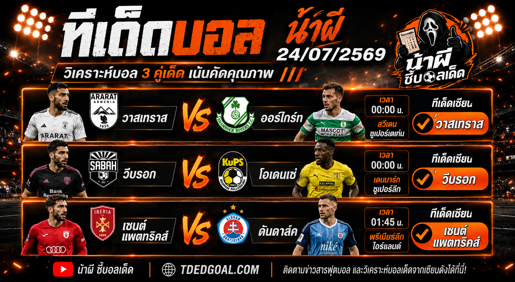 ทีเด็ดบอล น้าผี 24/07/2569