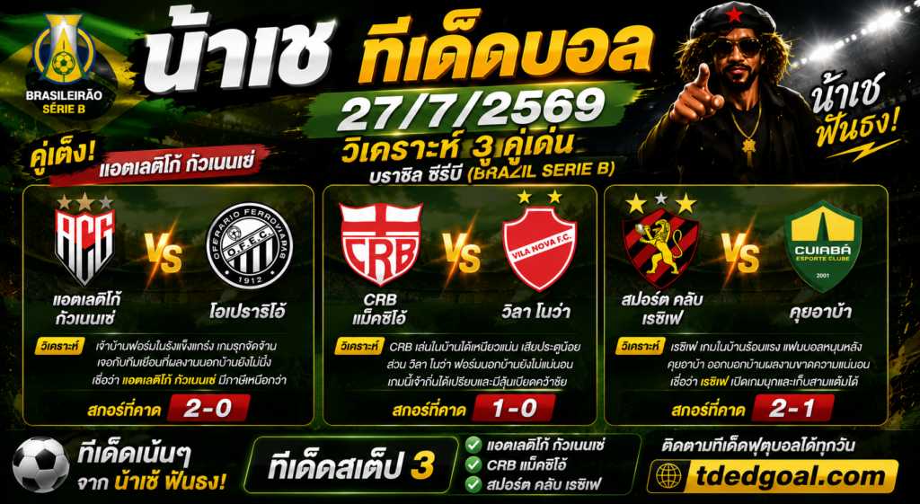 น้าเช ทีเด็ดบอล 27/07/2569 วิเคราะห์บอลวันนี้ 3 คู่เด่น