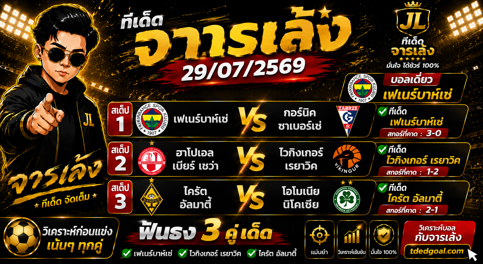 จารเล้ง ทีเด็ดบอล 29/07/2569 วิเคราะห์บอลวันนี้ 3 คู่เด่น ฟันธงบอลเดี่ยวและบอลสเต็ป