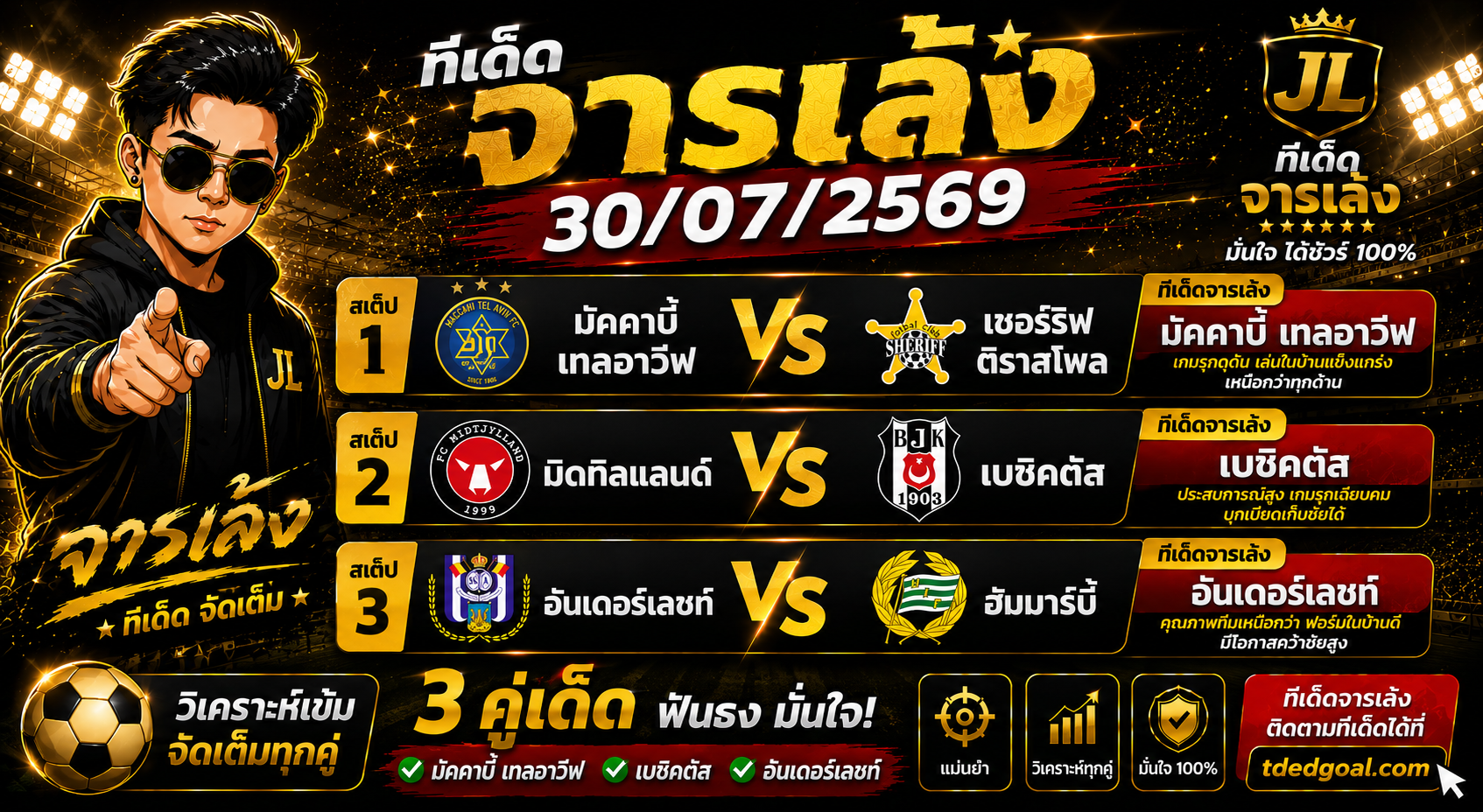 จารเล้ง ทีเด็ดบอล 30/07/2569 วิเคราะห์บอลวันนี้ 3 คู่เด่น บอลเต็งเน้น ๆ