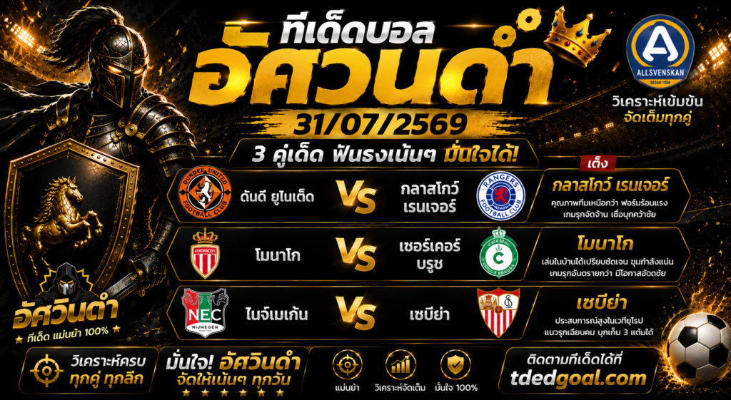 อัศวินดำ ฟันธง 31/07/2569 🔥 3 คู่เด่นคืนนี้! คู่เต็งมาแรง "เรนเจอร์ส" ลุ้นกินเต็ม ฟอร์มเหนือทุกด้าน