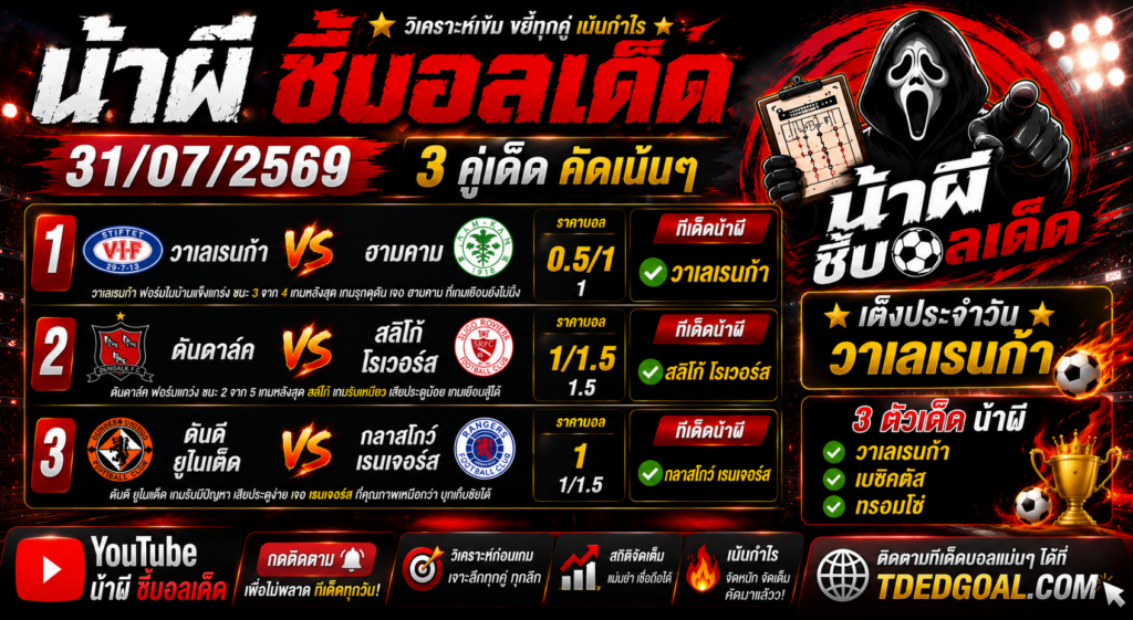 น้าผี ชี้บอลเด็ด 31/07/2569 วิเคราะห์บอลวันนี้ 3 คู่เด่น คัดบอลเน้นกำไร