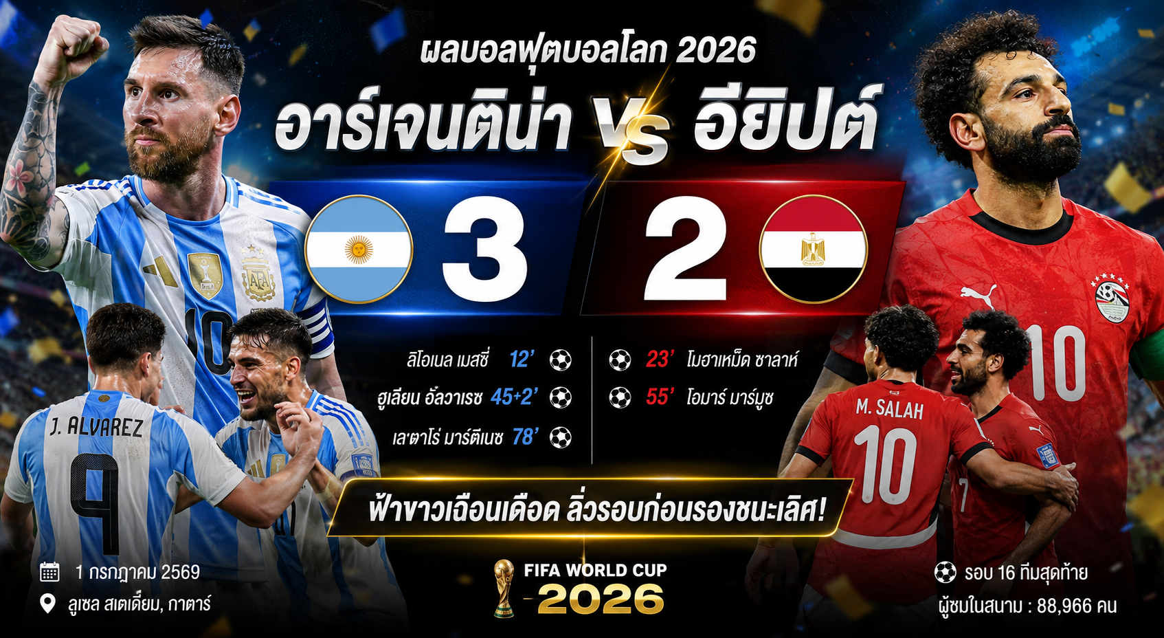 สรุปผลบอล อาร์เจนตินา 3-2 อียิปต์ : ฟ้าขาวเฉือนเดือด ลิ่วรอบก่อนรองชนะเลิศ ฟุตบอลโลก 2026