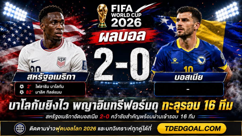 ผลบอล สหรัฐอเมริกา บอสเนีย 2-0 พญาอินทรีลิ่ว16 ทีม TDEDGOAL