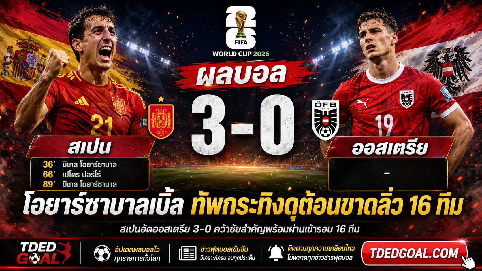 ผลบอล สเปน ออสเตรีย 3-0 โอยาร์ซาบาลเบิ้ล กระทิงดุต้อนขาดลิ่ว 16 ทีม TDEDGOAL
