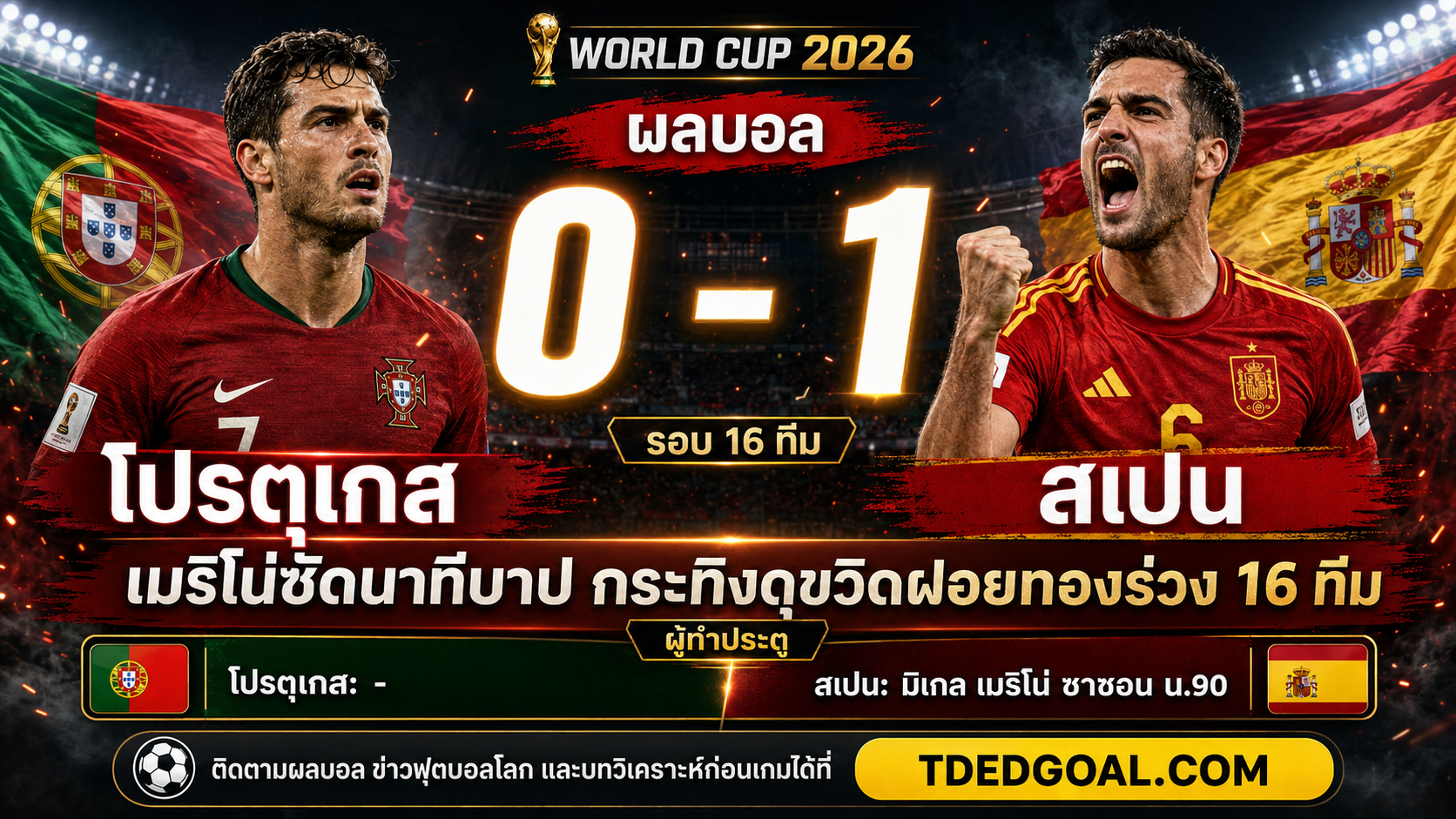 ผลบอล โปรตุเกส สเปน 0-1 เมริโน่ซัดนาทีบาป กระทิงดุขวิดฝอยทองร่วง 16 ทีม