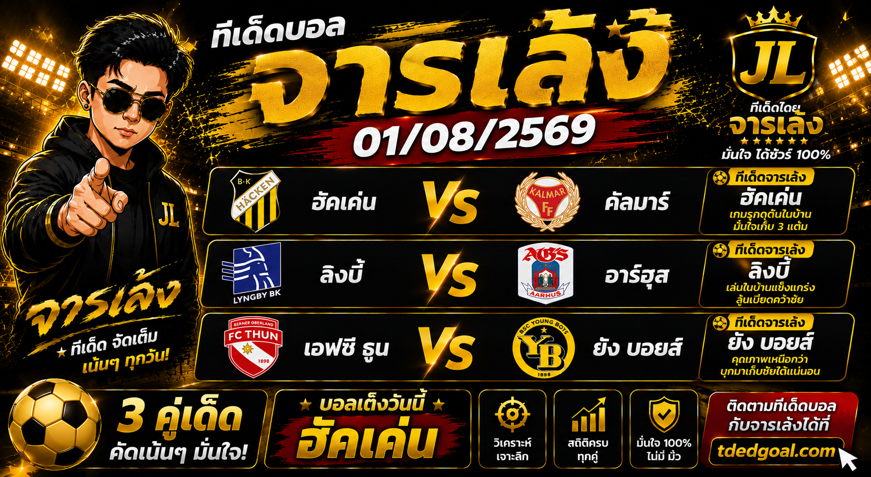 จารเล้ง ทีเด็ดบอล 01/08/2569 วิเคราะห์บอลวันนี้ 3 คู่เด่น บอลเต็งวันนี้ห้ามพลาด!