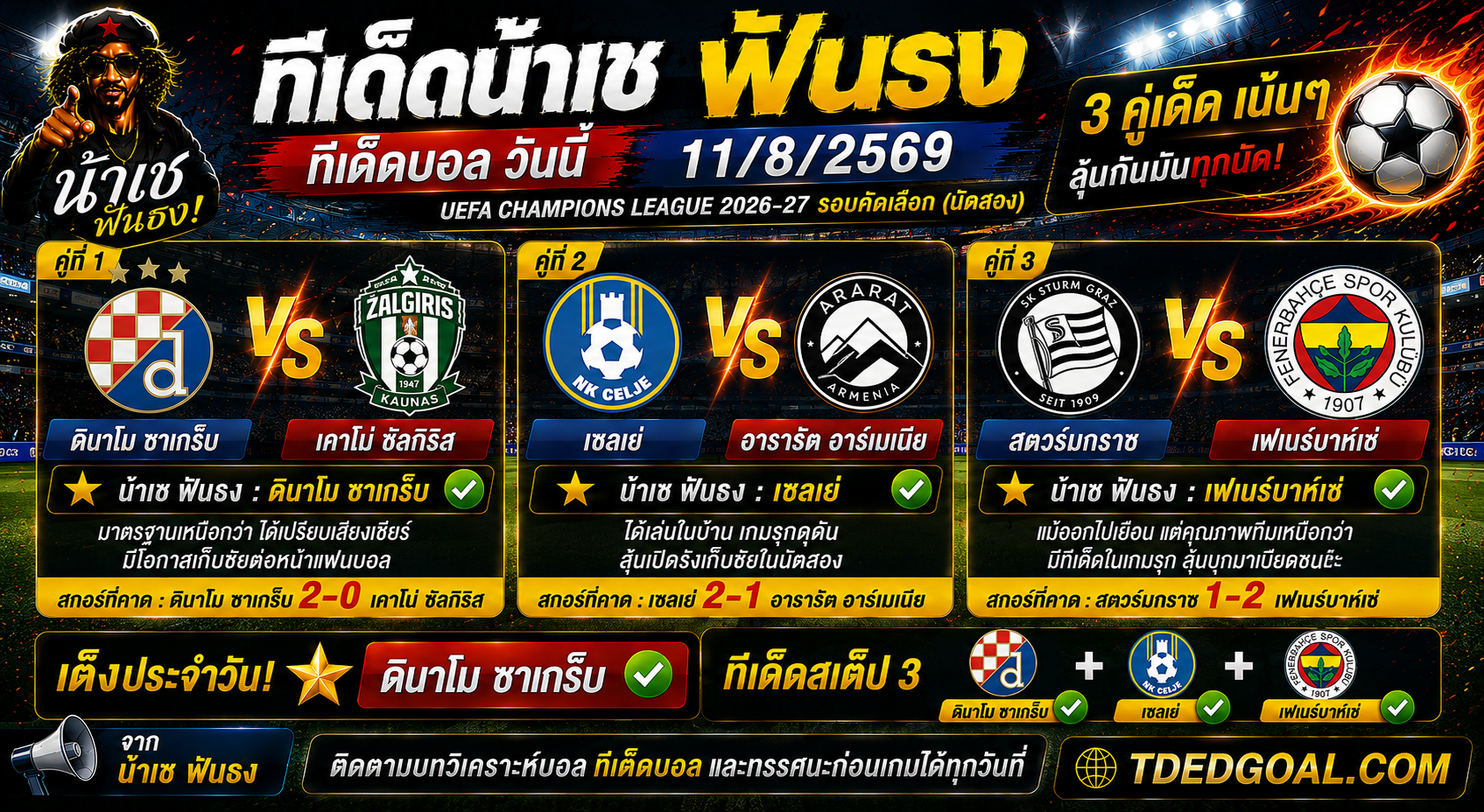 ทีเด็ดน้าเช ฟันธง ทีเด็ดบอล วันที่ 11/08/2569