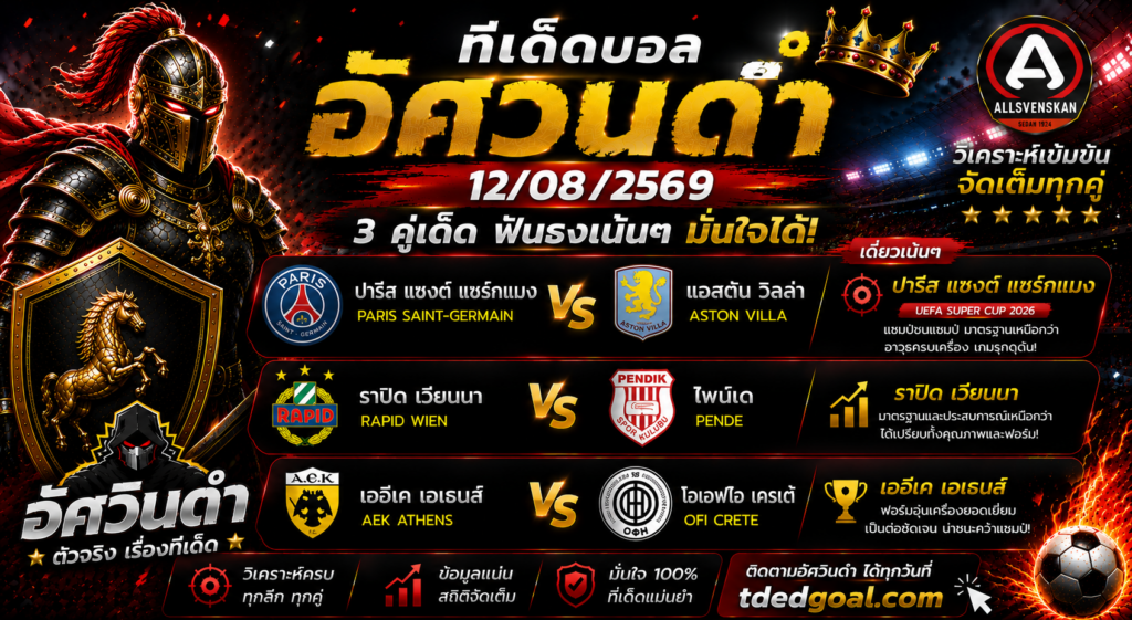 อัศวินดำ ทีเด็ดบอล 12/08/2569 เปิด 3 คู่เด็ดคืนนี้! “ปารีส แซงต์ แชร์กแมง” เดี่ยวเน้น ๆ ศึกแชมป์ชนแชมป์