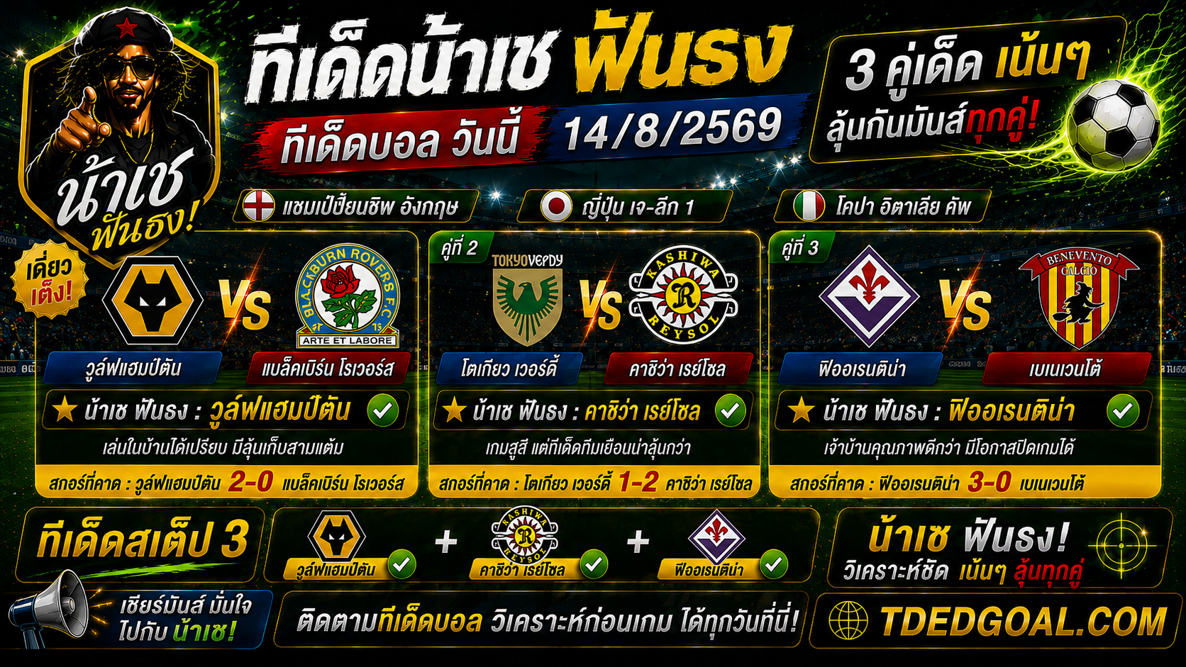 ทีเด็ดน้าเช ฟันธง ทีเด็ดบอล วันที่ 14/8/2569