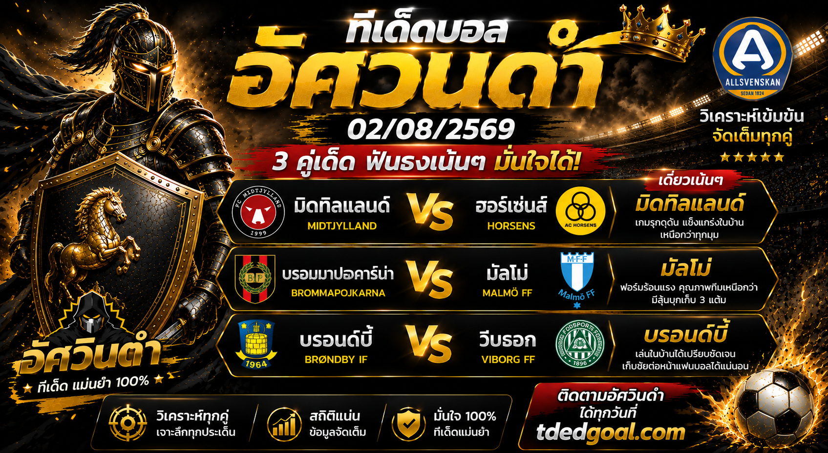 🔥 อัศวินดำ ทีเด็ดบอล 02/08/2569 วิเคราะห์บอลวันนี้ 3 คู่เด่น คู่เต็ง "มิดทิลแลนด์" ฟอร์มแรง น่าเชียร์ที่สุดของคืน!