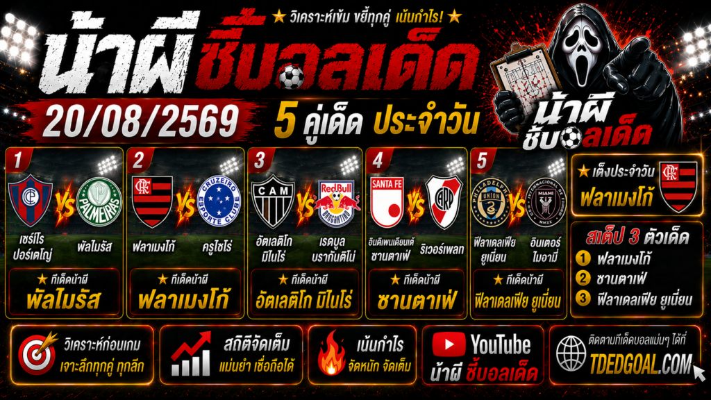 น้าผี ชี้บอลเด็ด 20/08/2569 วิเคราะห์บอลวันนี้ 5 คู่เด็ด