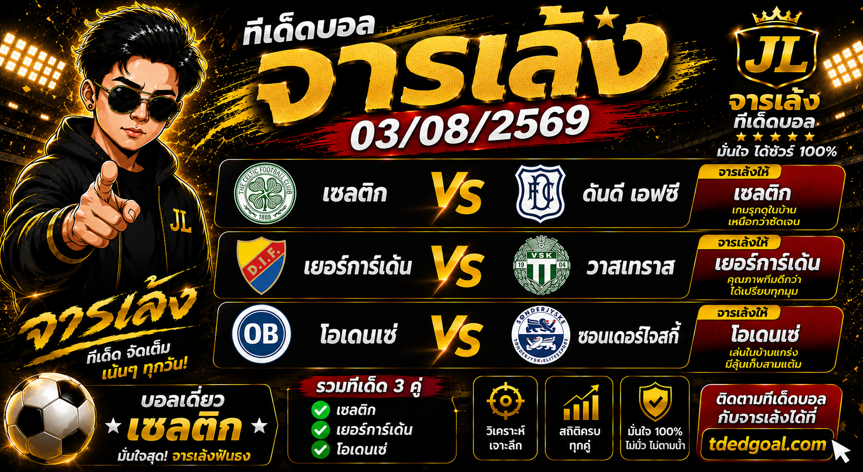จารเล้ง ทีเด็ดบอล 03/08/2569 วิเคราะห์บอลวันนี้ 3 คู่เด่น บอลเดี่ยววันนี้ต้องจัด!