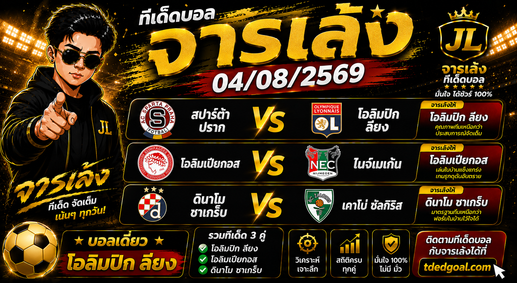 จารเล้ง ทีเด็ดบอล 04/08/2569 บอลเดี่ยวมาแล้ว! คัด 3 คู่เน้น ๆ คืนนี้มีของ