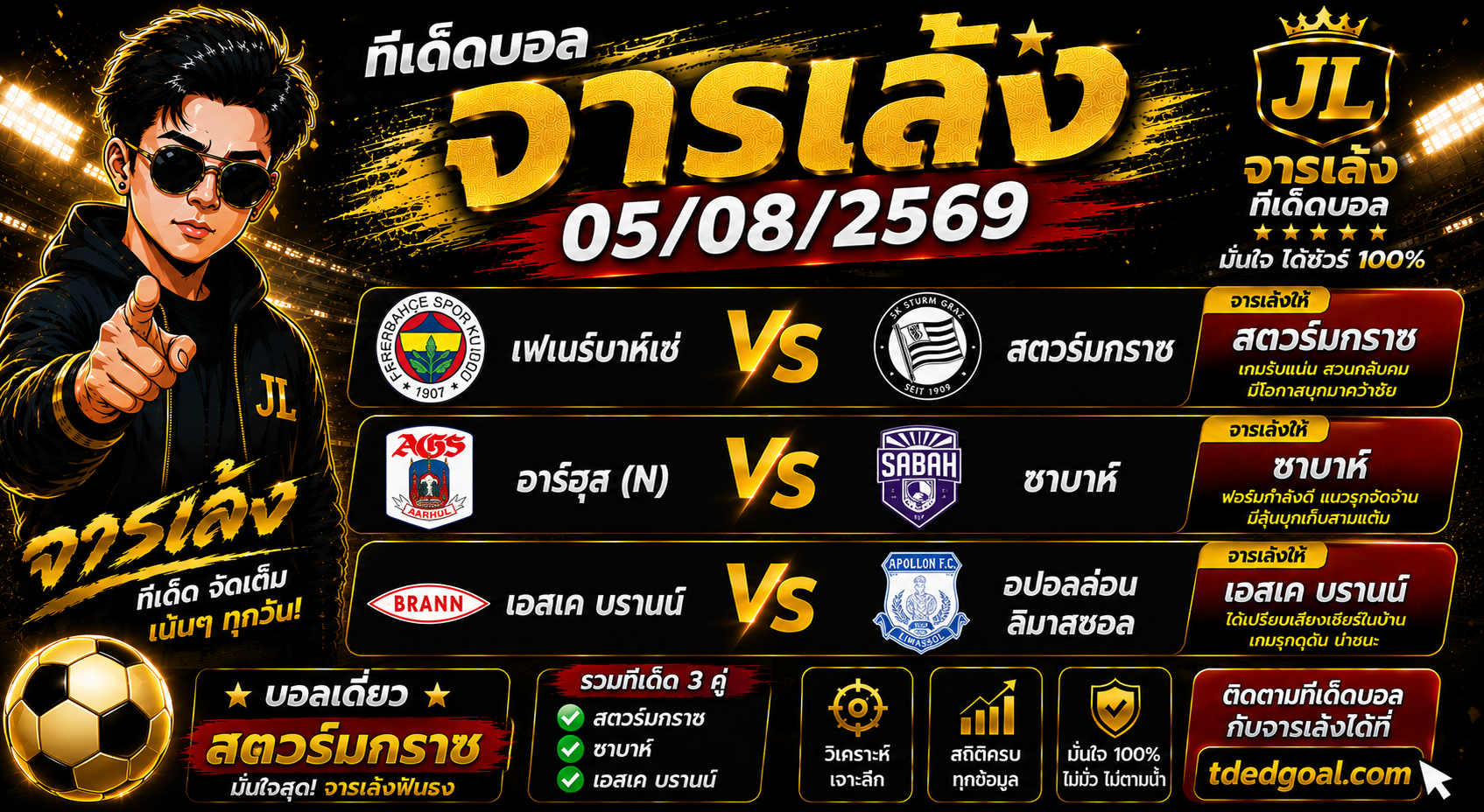 จารเล้ง ทีเด็ดบอล 05/08/2569 บอลเดี่ยวมาแล้ว! คัด 3 คู่เน้น ๆ คืนนี้มีลุ้นทุกบิล