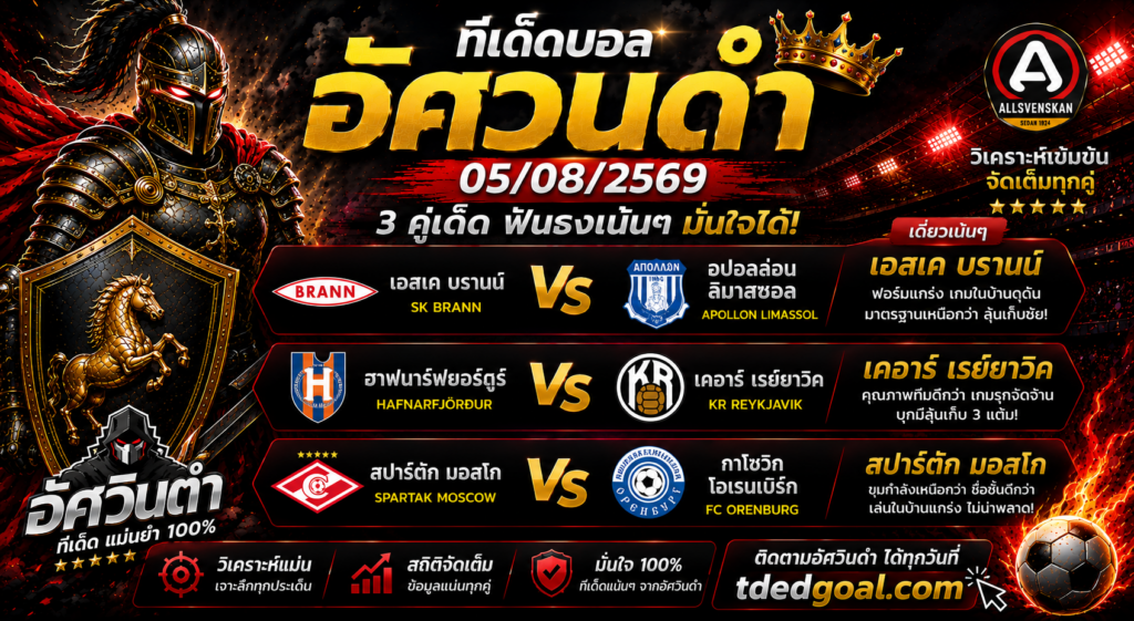 อัศวินดำ ทีเด็ดบอล 05/08/2569 วิเคราะห์บอลวันนี้ 3 คู่เด่น
