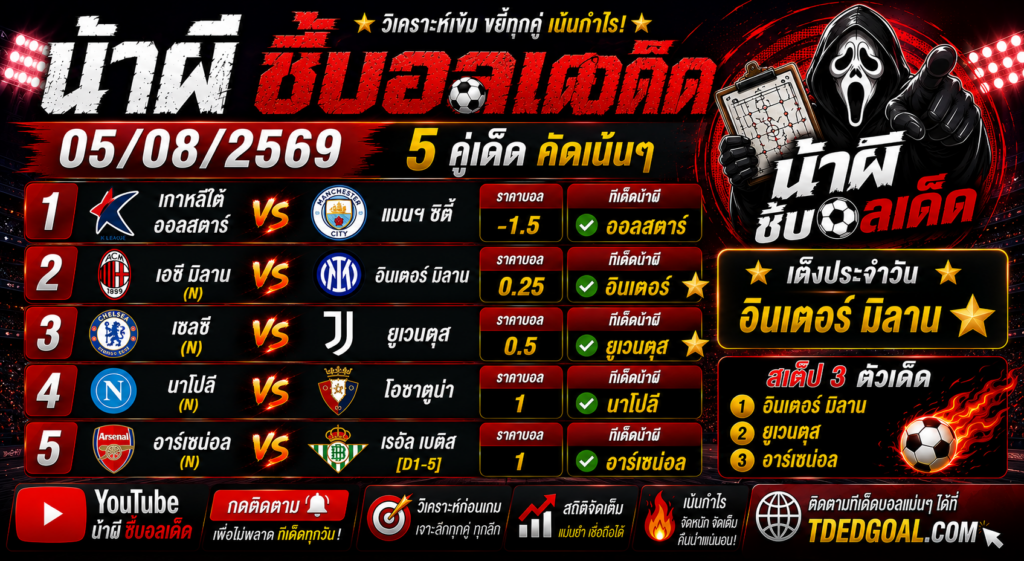 น้าผี ชี้บอลเด็ด 05/08/2569 วิเคราะห์บอลวันนี้ 5 คู่เด่น คัดบอลเน้นกำไร