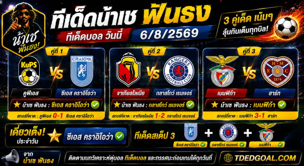 ทีเด็ดน้าเช ฟันธง ทีเด็ดบอล วันที่ 06/08/2569