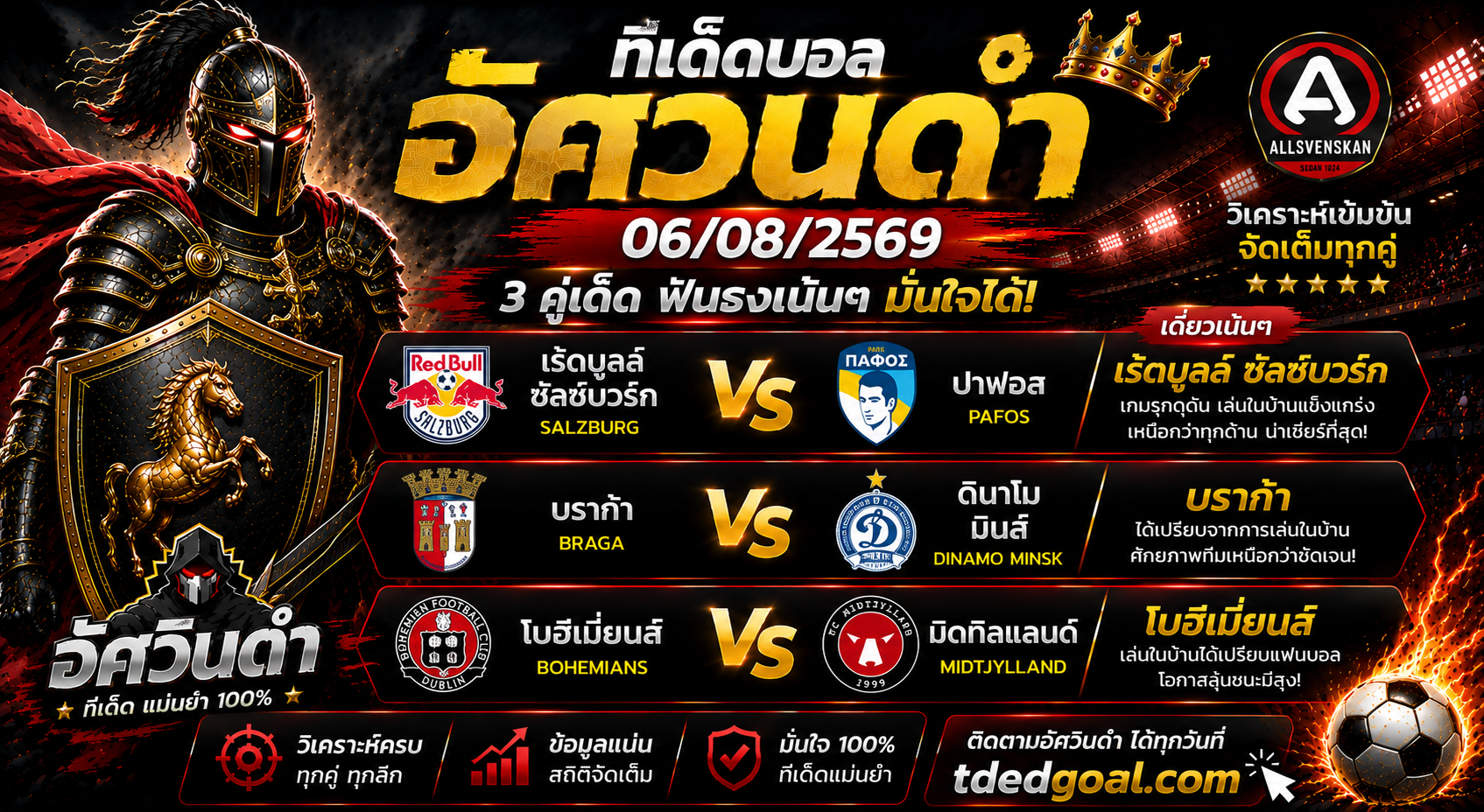 อัศวินดำ ทีเด็ดบอล 06/08/2569 วิเคราะห์บอลวันนี้ 3 คู่เด่น