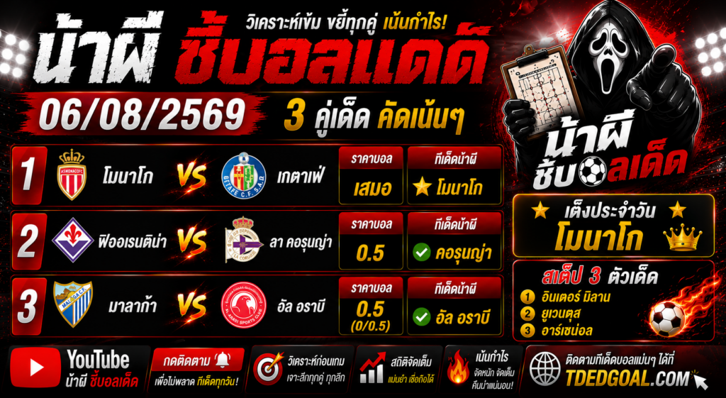 น้าผี ชี้บอลเด็ด 06/08/2569 วิเคราะห์บอลวันนี้ 3 คู่เด่น