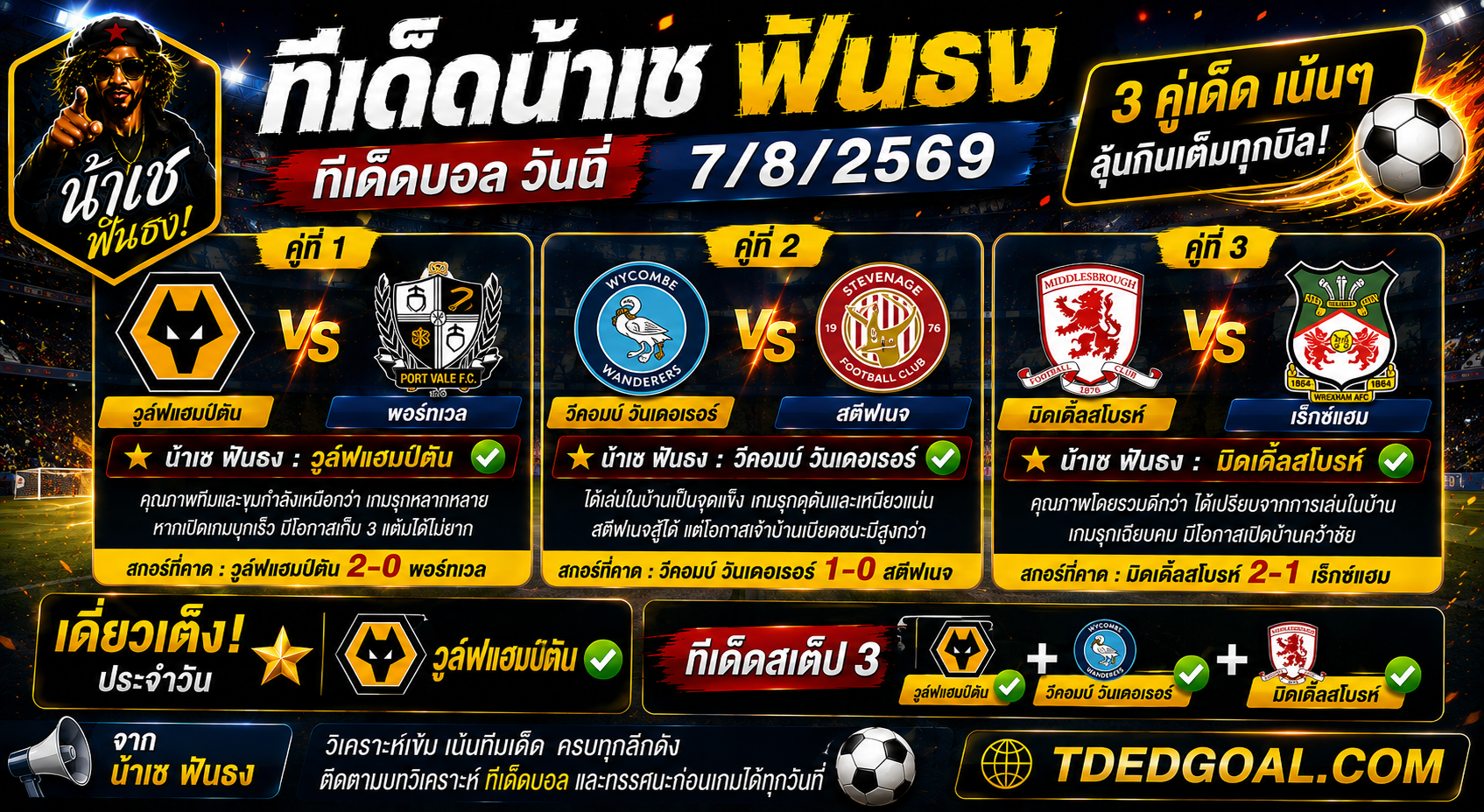 กลับมาเช็กโพยกันอีกวันกับ ทีเด็ดน้าเช ฟันธง วันนี้คัดมาให้ 3 คู่ที่น่าสนใจ เน้นดูจากคุณภาพทีม ความพร้อม และความได้เปรียบของแต่ละคู่