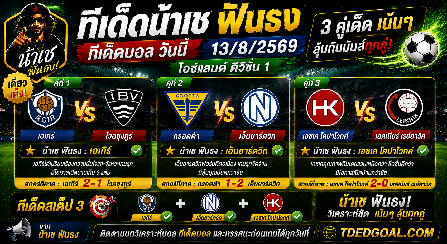 ทีเด็ดน้าเช ฟันธง ทีเด็ดบอล วันที่ 13/08/2569